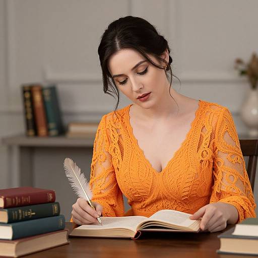 Elegant Woman Reading in Orange Gown