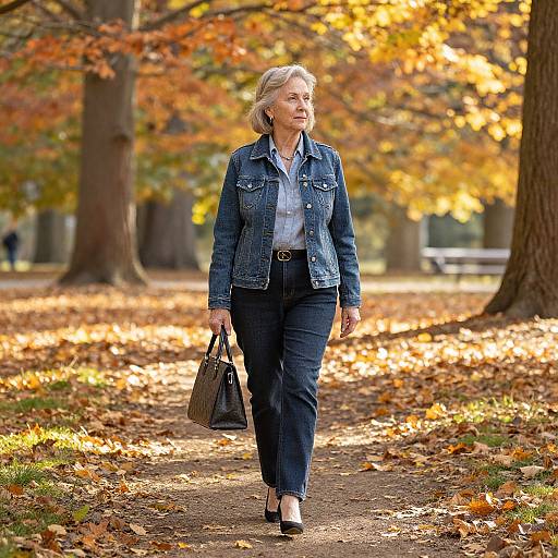 Photograph of a blonde middle-aged woman in a blue denim jacket and jeans, carrying a black handbag, walking through a park with autumn leaves.