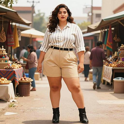 Photograph of a curvy, dark-haired woman in a striped shirt and beige shorts, standing confidently in a bustling outdoor market.