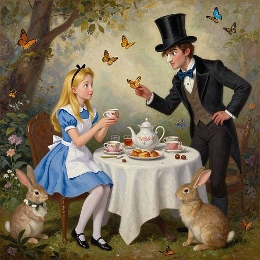 Digital illustration of Alice and the Mad Hatter at a tea table, surrounded by butterflies and rabbits, in a whimsical forest setting.
