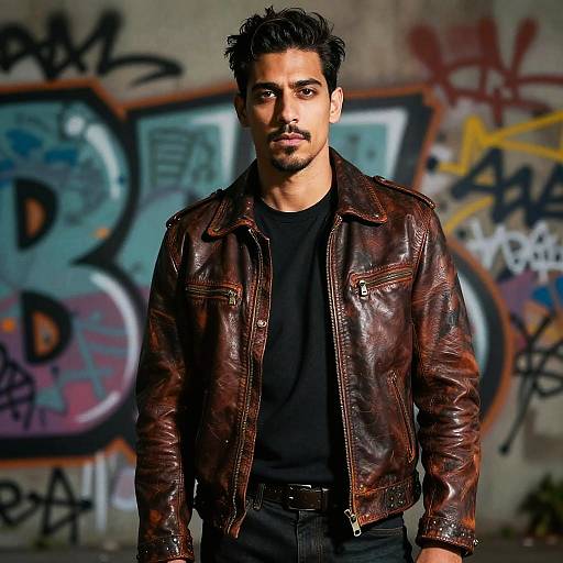 Photograph of a handsome, dark-haired man with a trimmed beard, wearing a black t-shirt and brown leather jacket, standing against a graffiti-covered wall