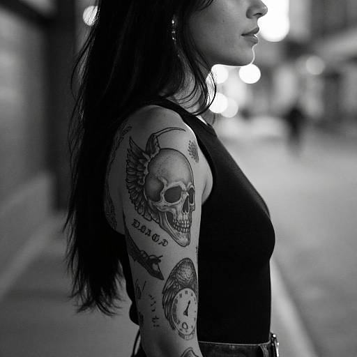 Black-and-white photograph of a woman with long dark hair, side profile, wearing a black tank top, showcasing detailed skull and clock tattoos on her left