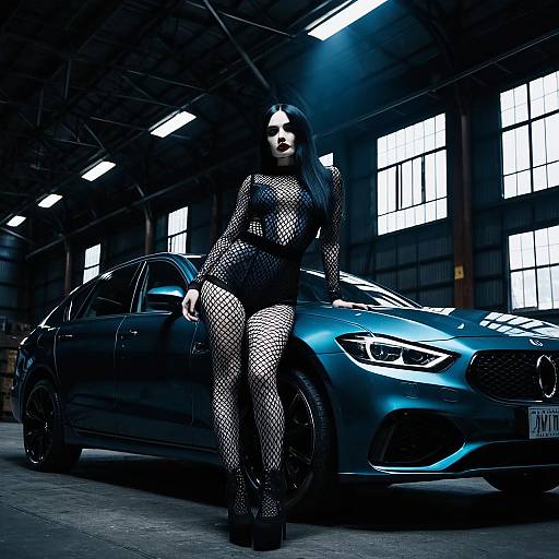 Gothic Fashion Model with Luxury Car in Industrial Warehouse