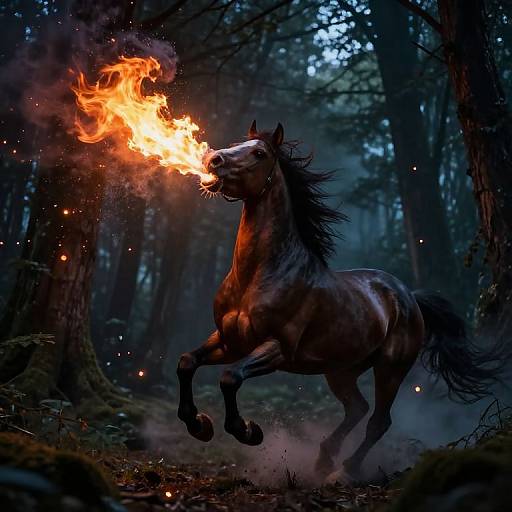 Photorealistic digital art of a black, muscular horse rearing in a dark, misty forest, breathing a bright, fiery blaze from its mouth