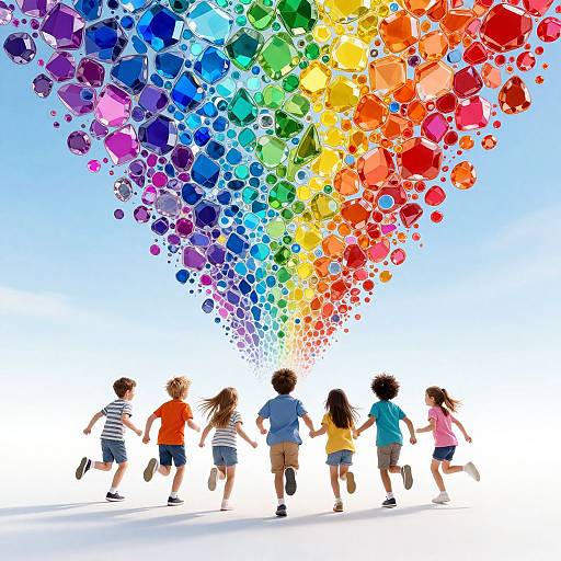 Digital illustration of six children running towards a vibrant, multi-colored cloud of floating hexagons against a clear blue sky.