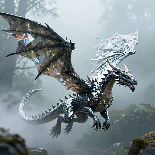 Digital artwork of a majestic, black dragon with glowing crystal-like scales, translucent wings, and sharp claws, soaring through a misty forest.
