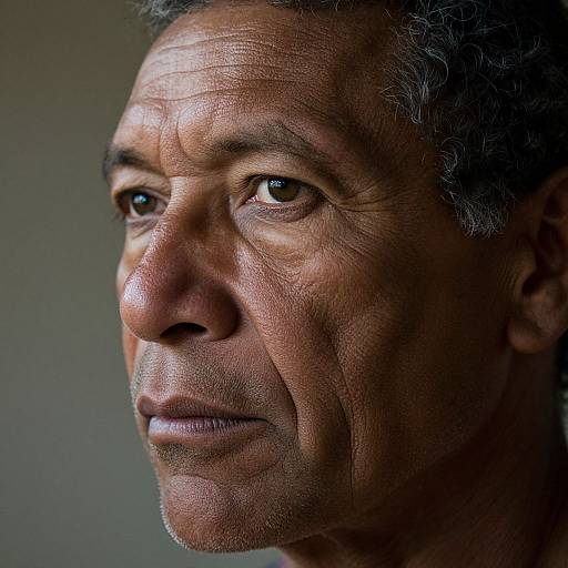 Close-up photograph of an older man with dark, weathered skin, deep brown eyes, and graying curly hair, looking pensively to the left