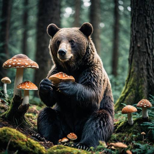 Brown Bear Sitting Among Mushrooms