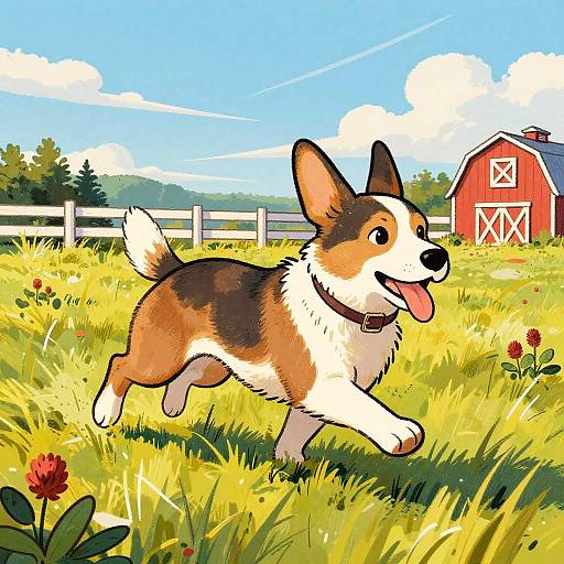 Playful Tricolor Corgi Running in Sunny Field