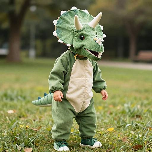 Photograph of a toddler in a green dinosaur costume with white horns and frilled headpiece, standing on grass in a park.