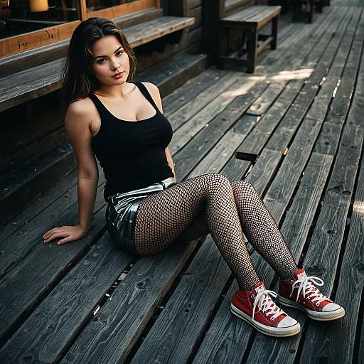 Young Woman Sitting on Wooden Boardwalk