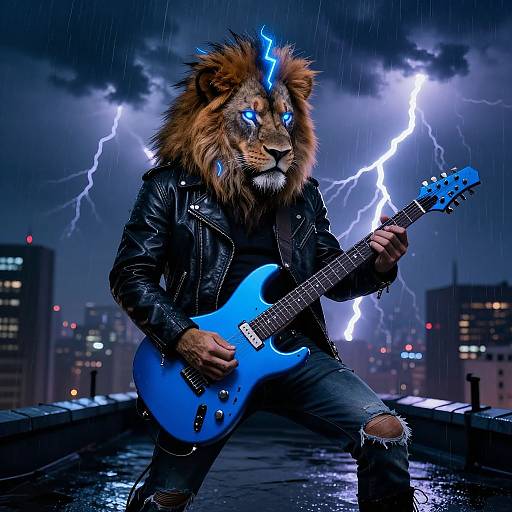 Fierce lion-man with electric blue guitar, leather jacket, and glowing blue eyes plays in stormy, lightning-filled city rooftop scene.