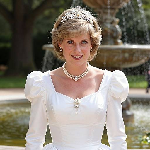 Photograph of a smiling woman in a white, puffed-sleeve wedding dress with pearl necklace and tiara, standing in front of a fountain