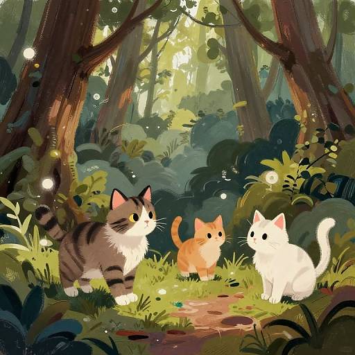 Digital illustration of three cute, cartoon-style cats with different fur colors (gray, orange, white) in a sunlit, enchanted forest.