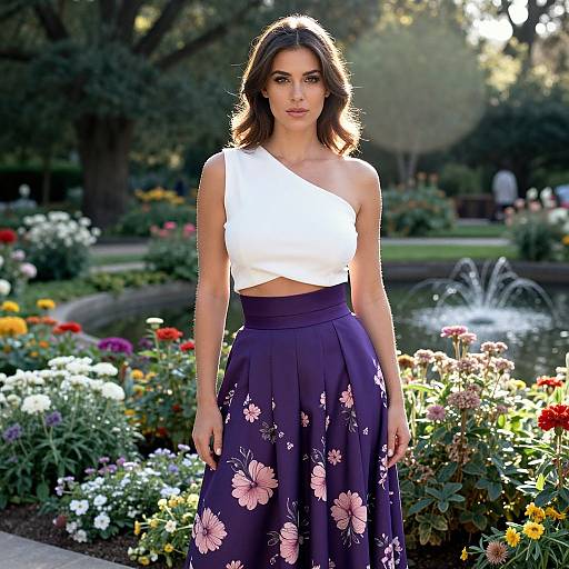 Photograph of a young woman with wavy brown hair, wearing a white one-shoulder crop top and a dark purple floral skirt, standing in