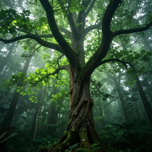 Mystical Tree in Foggy Forest