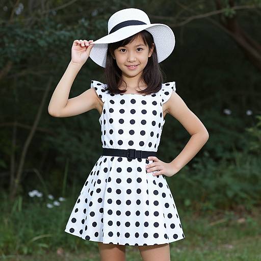 Photograph of an Asian girl in a white polka dot dress and wide-brimmed hat, smiling outdoors with dark green forest background.