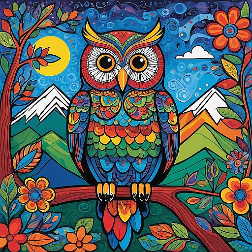 Vibrant Mystic Mountains with Wise Owls