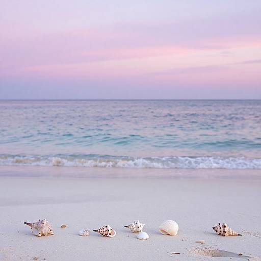 Photograph of a serene beach at sunset, featuring five seashells scattered on the sand with gentle waves and a gradient sky.