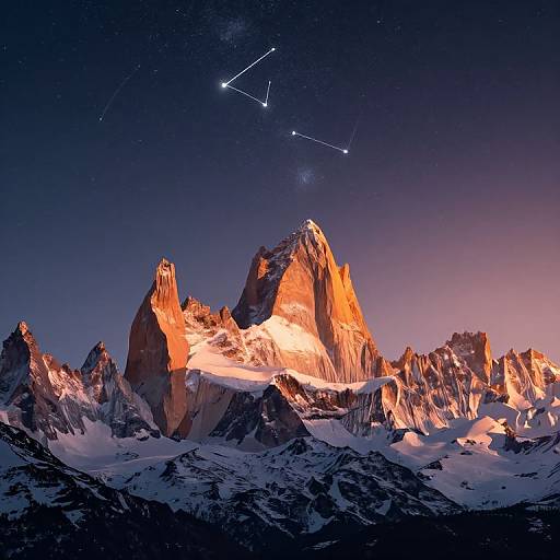 Photograph of a majestic, sunlit mountain range with snow-covered peaks, illuminated by warm orange light, under a dark, starry night sky with