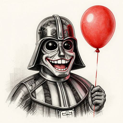 Black-and-white digital drawing of Darth Vader with exaggerated, creepy smile holding a bright red balloon. His helmet is detailed, and he wears his iconic armor