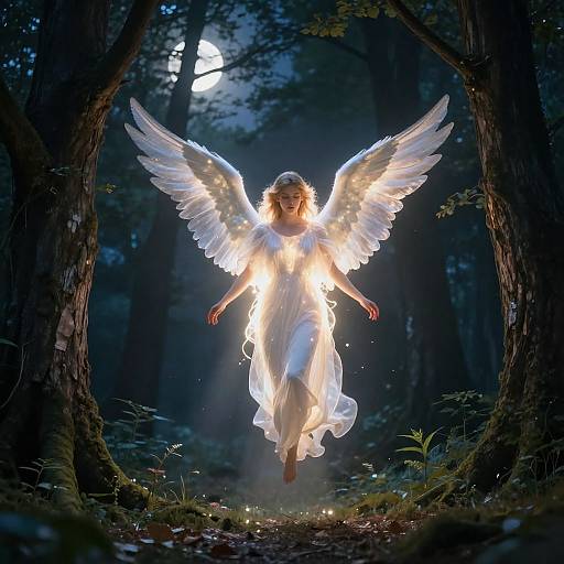 Photograph of a glowing, white-winged angel with flowing dress, illuminated by moonlight, floating between dark forest trees, surrounded by ethereal light