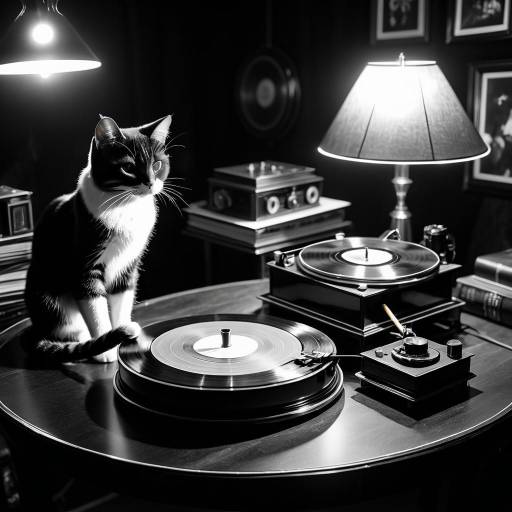Cat in Noir Room with Vintage Record Player