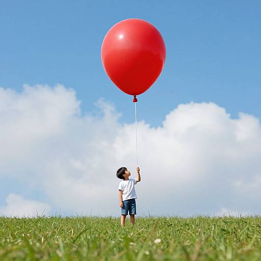 Photograph of a young boy in a white shirt and blue shorts, holding a large red balloon, standing on a grassy hill with a bright blue