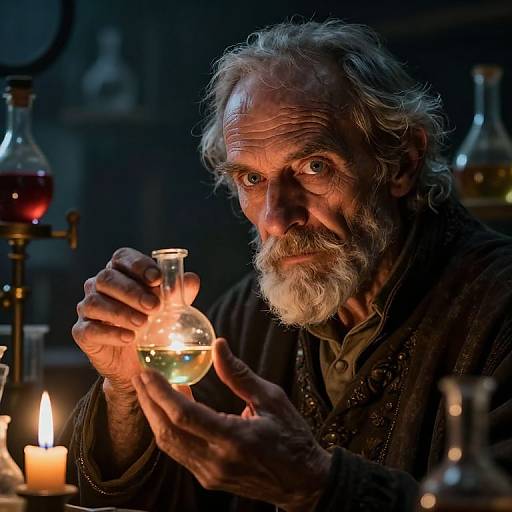 Photograph of an elderly, white-bearded man with intense eyes, holding a glowing glass flask, surrounded by candles and alchemical equipment in a dim