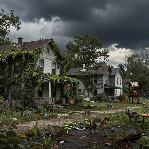 Abandoned, overgrown two-story house with ivy, surrounded by dilapidated yard, broken toys, and roaming animals under a stormy,