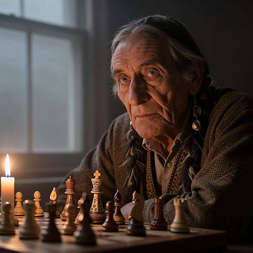 Photograph of an elderly man with wrinkled skin and gray hair, intently playing chess by candlelight in a dimly lit room.