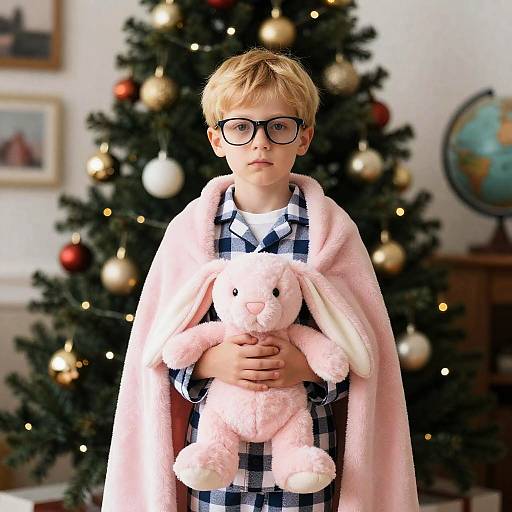 Blond Boy Holding Pink Bunny Plush in Front of Christmas Tree