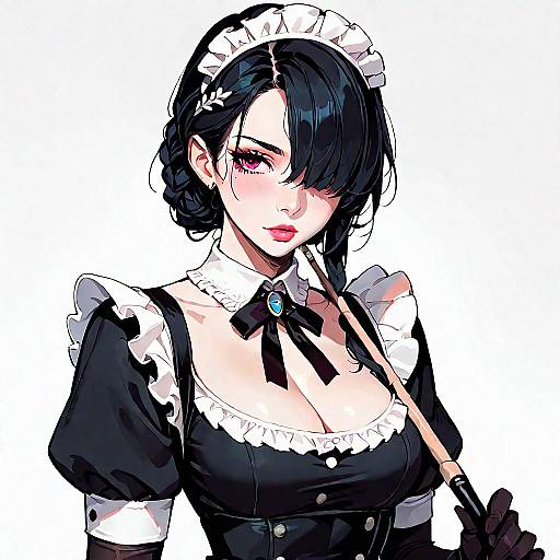 Digital anime-style drawing of a black-haired, fair-skinned maid with pink eyes, wearing a black and white maid outfit, holding a broom.