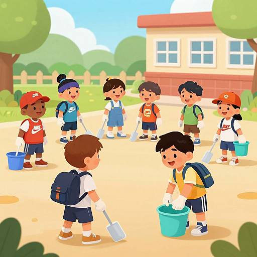 Colorful digital illustration of diverse young children playing outdoors on a sunny day, holding shovels and buckets, near a school building.