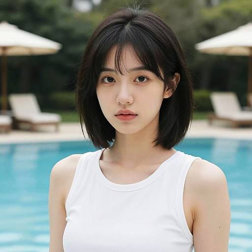 Photograph of an Asian woman with short black hair, wearing a white tank top, standing in front of a blue swimming pool with blurred white umbrellas
