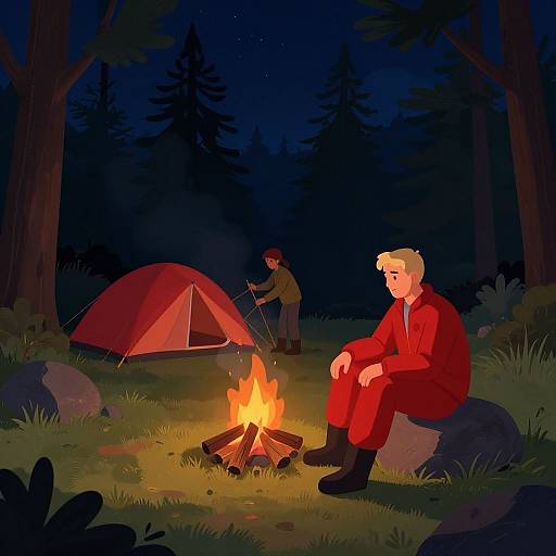 Blond Man Camping by Night Campfire