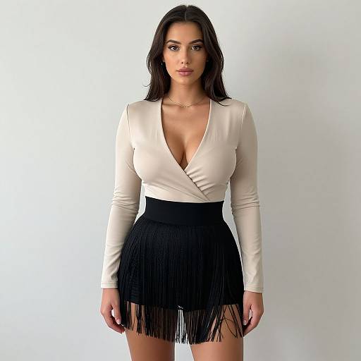 Photograph of a woman with long dark hair, wearing a white deep V-neck top and black fringed skirt, standing against a plain white background.
