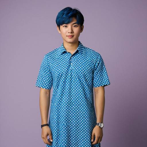 Young Asian Man in Blue Polka Dot Dress