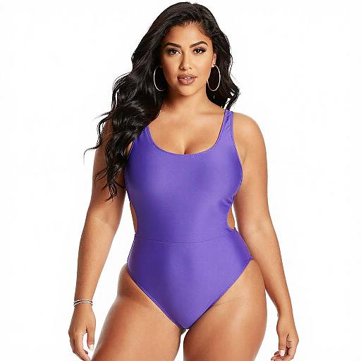 Confident Curvy Woman in Purple Swimsuit