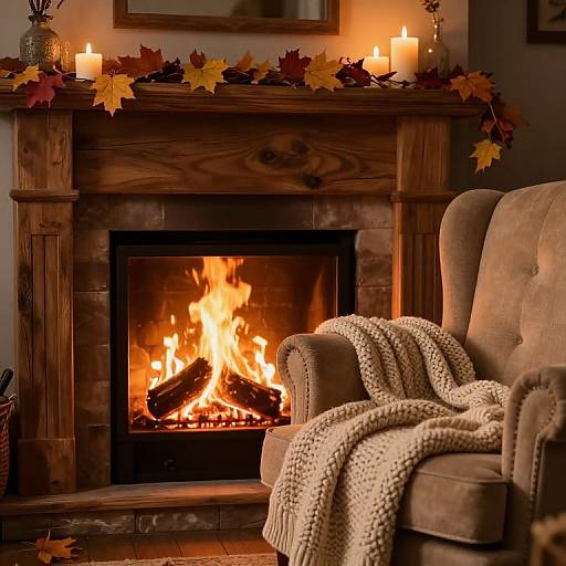 Cozy autumn living room photograph: lit fireplace, wooden mantle with candles and maple leaves, beige armchair with knitted blanket. Warm, inviting ambiance