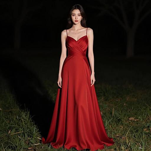Elegant Woman in Red Evening Gown at Night