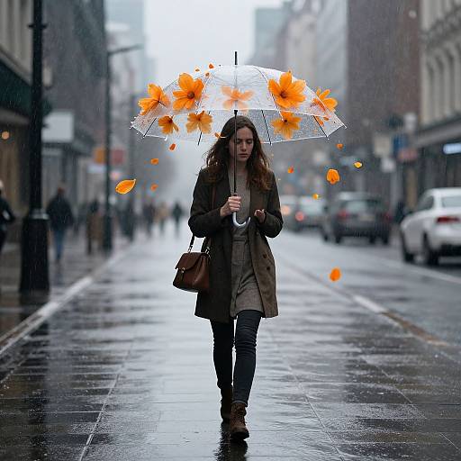 Photograph of a woman with curly hair, brown coat, and black pants, holding an orange-flower adorned umbrella on a rainy city street.