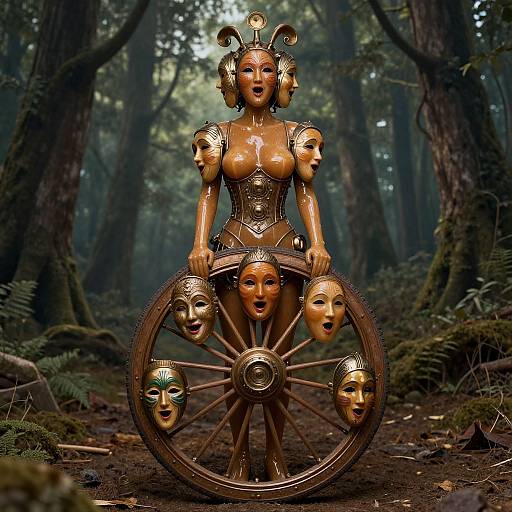 Steampunk Caramel Woman with Emotional Masks and Wheel