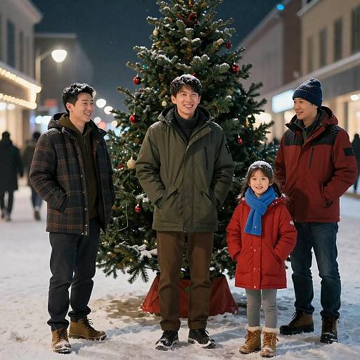 Photograph of a smiling Asian family standing in front of a decorated Christmas tree on a snowy, illuminated street at night.