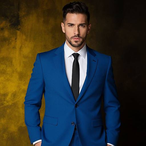 Photograph of a handsome man with dark hair and beard, wearing a blue suit, white shirt, and black tie, against a textured yellow-brown