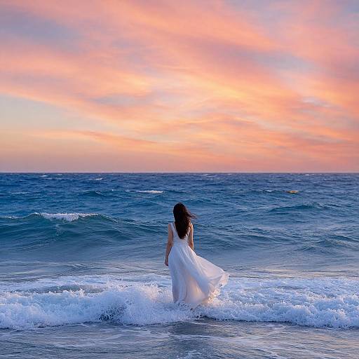 Photograph of a woman in a flowing white dress standing in ocean waves at sunset, with a pink and orange sky.