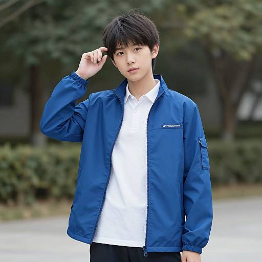 Photograph of a young Asian man with black hair, wearing a blue windbreaker over a white shirt, standing outdoors, hand in hair, blurred green