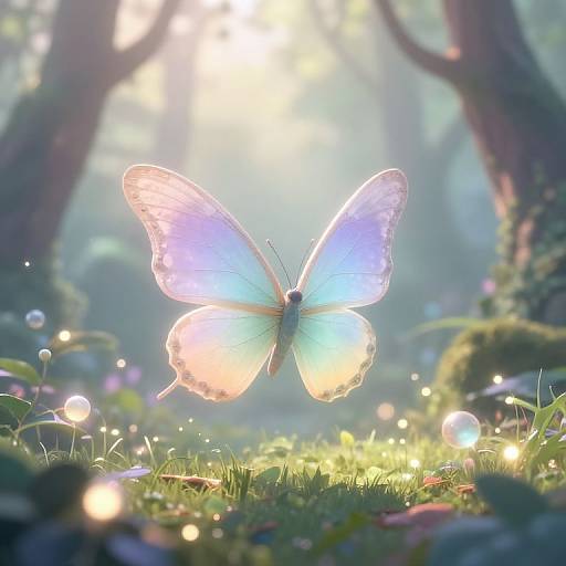 Photograph of a glowing, pastel blue and white butterfly with illuminated wings, surrounded by floating lights in a misty, sunlit forest.