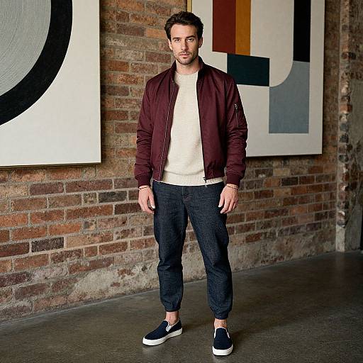 Photograph of a bearded man in a maroon bomber jacket, white sweater, black pants, and black sneakers, standing in front of abstract art