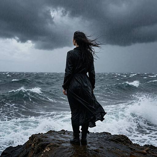 Photograph of a lone person with wet, dark hair standing on rocky shore, facing stormy ocean under dramatic, cloudy sky.